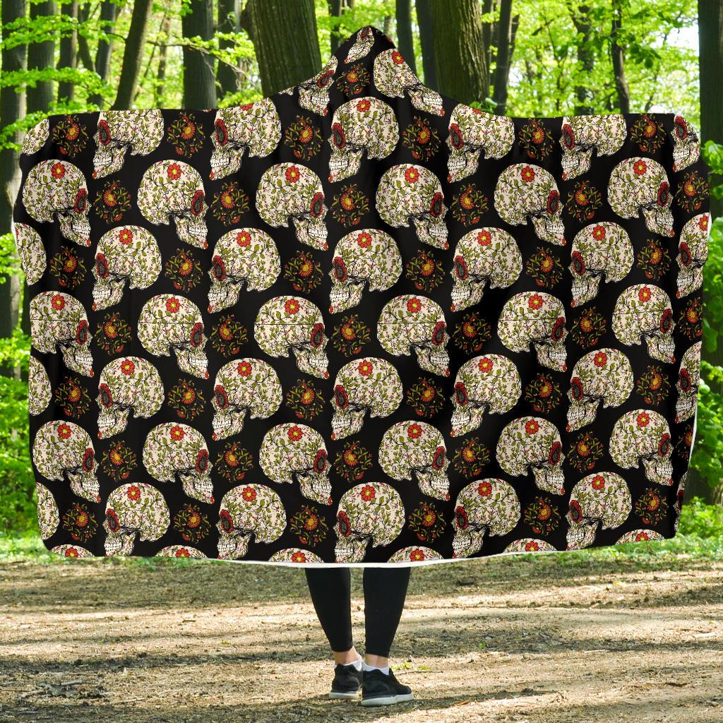 Sugar Skull Flower Design Themed Print Hooded Blanket-JTAMIGO.COM