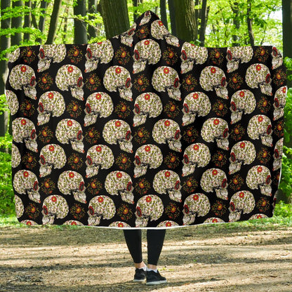 Sugar Skull Flower Design Themed Print Hooded Blanket-JTAMIGO.COM