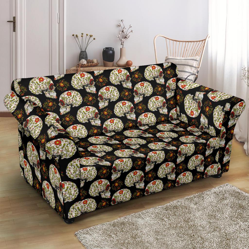 Sugar Skull Flower Design Themed Print Loveseat Slipcover-JTAMIGO.COM