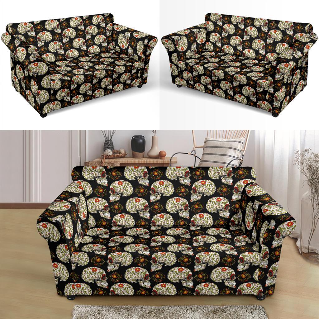 Sugar Skull Flower Design Themed Print Loveseat Slipcover-JTAMIGO.COM