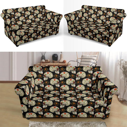 Sugar Skull Flower Design Themed Print Loveseat Slipcover-JTAMIGO.COM