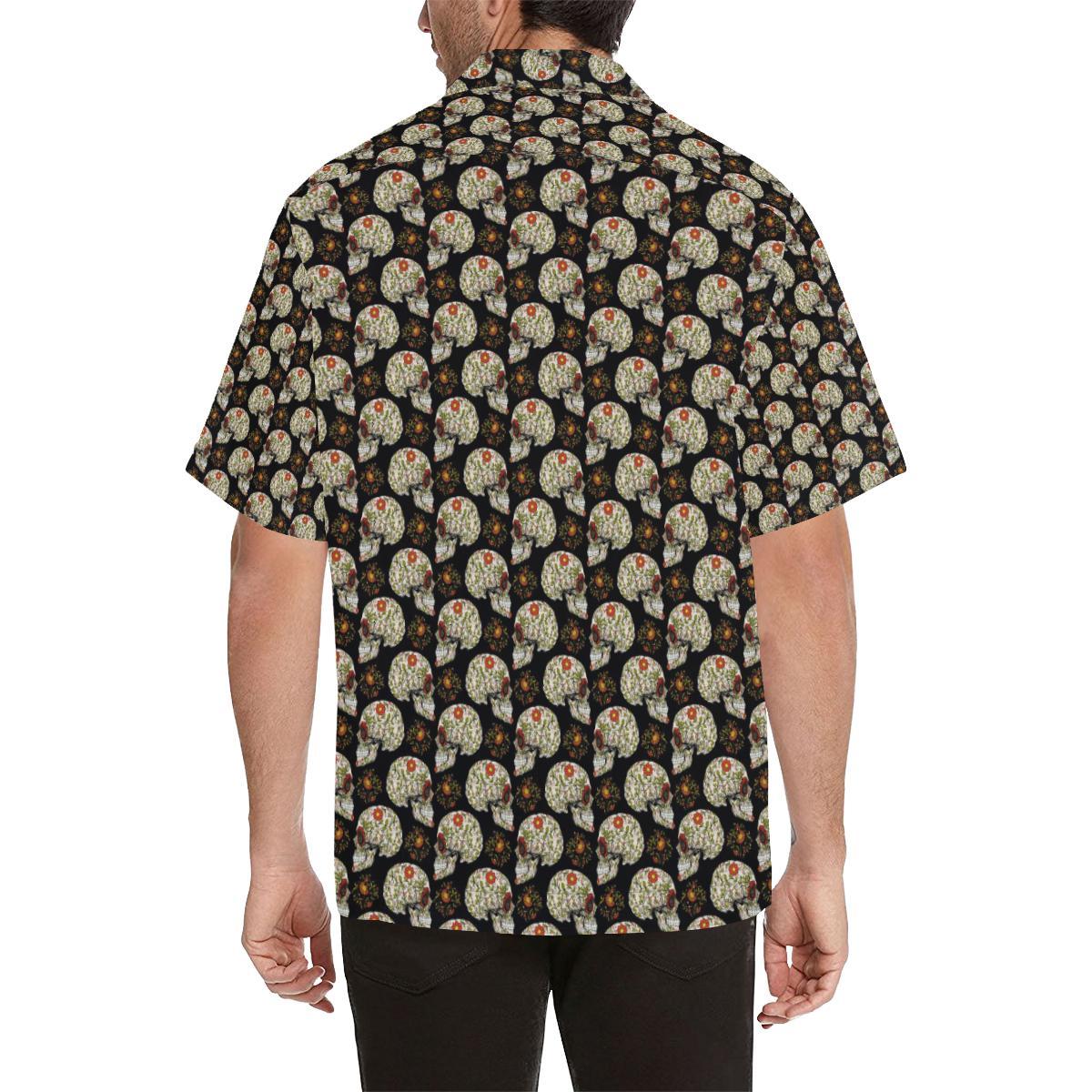 Sugar Skull Flower Design Themed Print Men Aloha Hawaiian Shirt