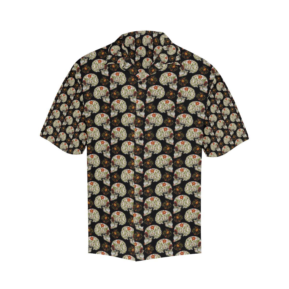Sugar Skull Flower Design Themed Print Men Aloha Hawaiian Shirt