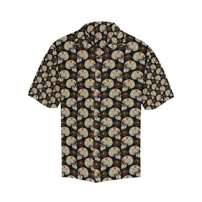 Sugar Skull Flower Design Themed Print Men Aloha Hawaiian Shirt