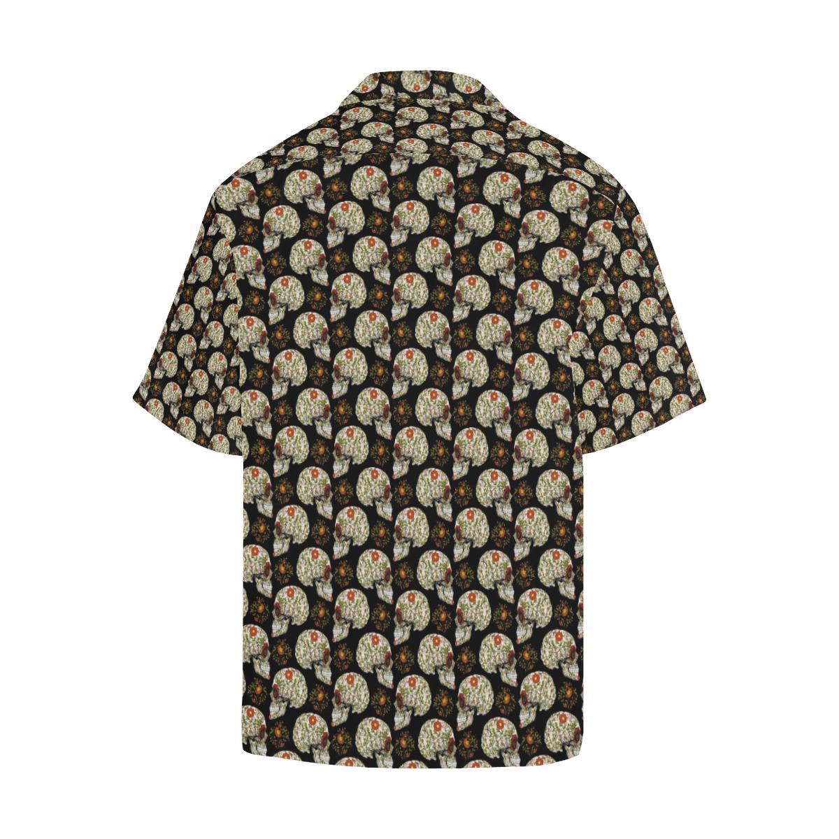 Sugar Skull Flower Design Themed Print Men Aloha Hawaiian Shirt
