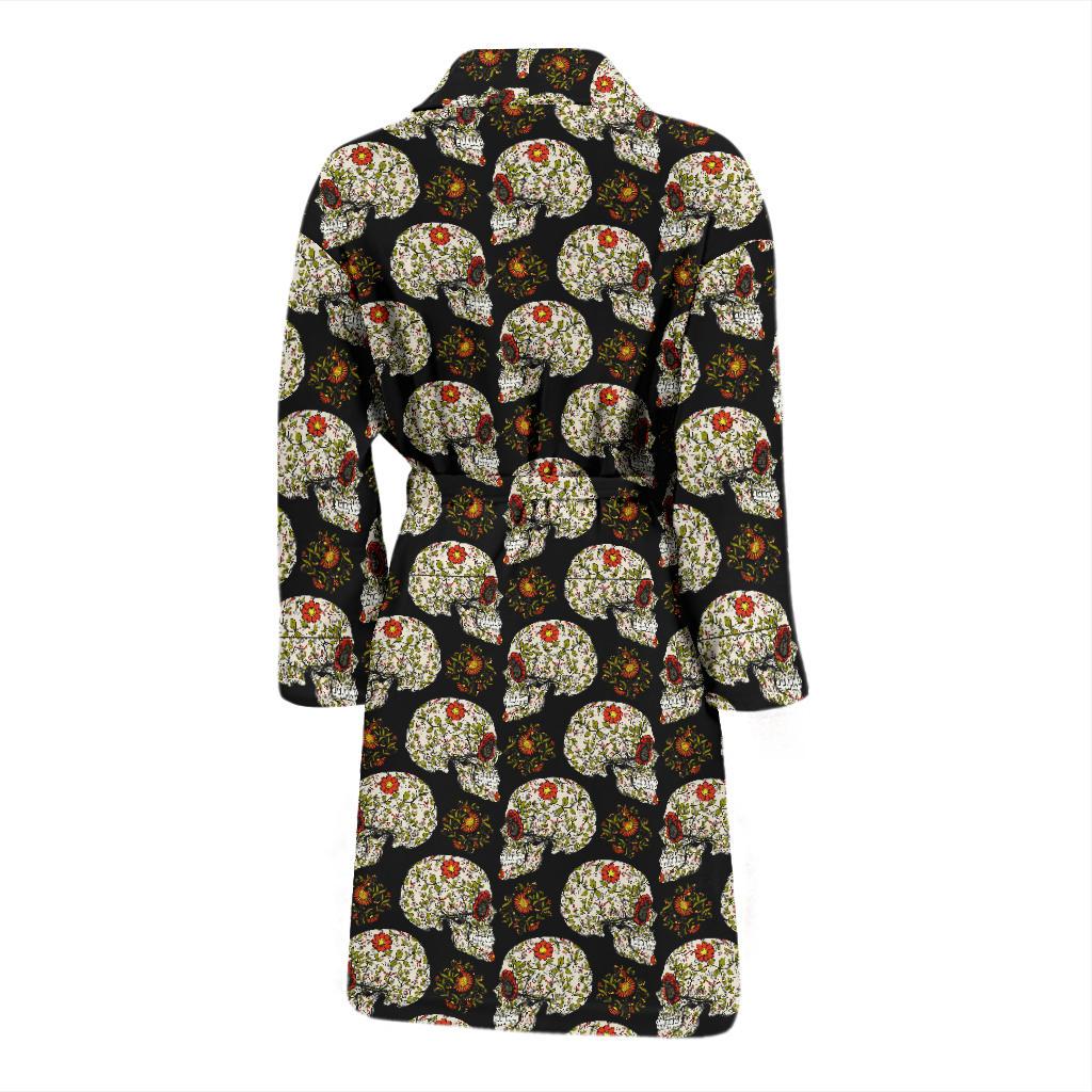 Sugar Skull Flower Design Themed Print Men Bath Robe-JTAMIGO.COM