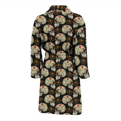 Sugar Skull Flower Design Themed Print Men Bath Robe-JTAMIGO.COM