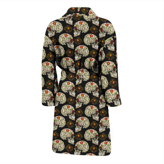 Sugar Skull Flower Design Themed Print Men Bath Robe-JTAMIGO.COM