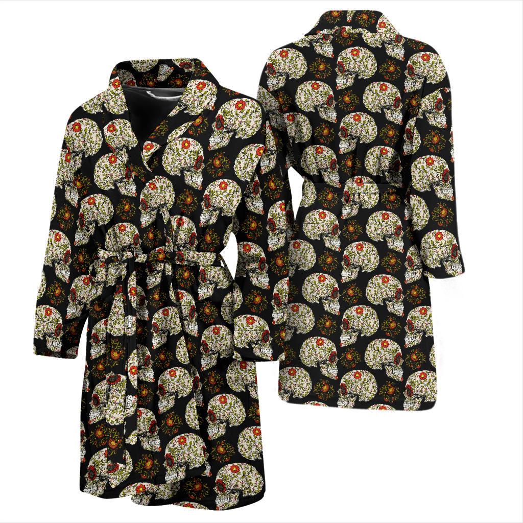 Sugar Skull Flower Design Themed Print Men Bath Robe-JTAMIGO.COM