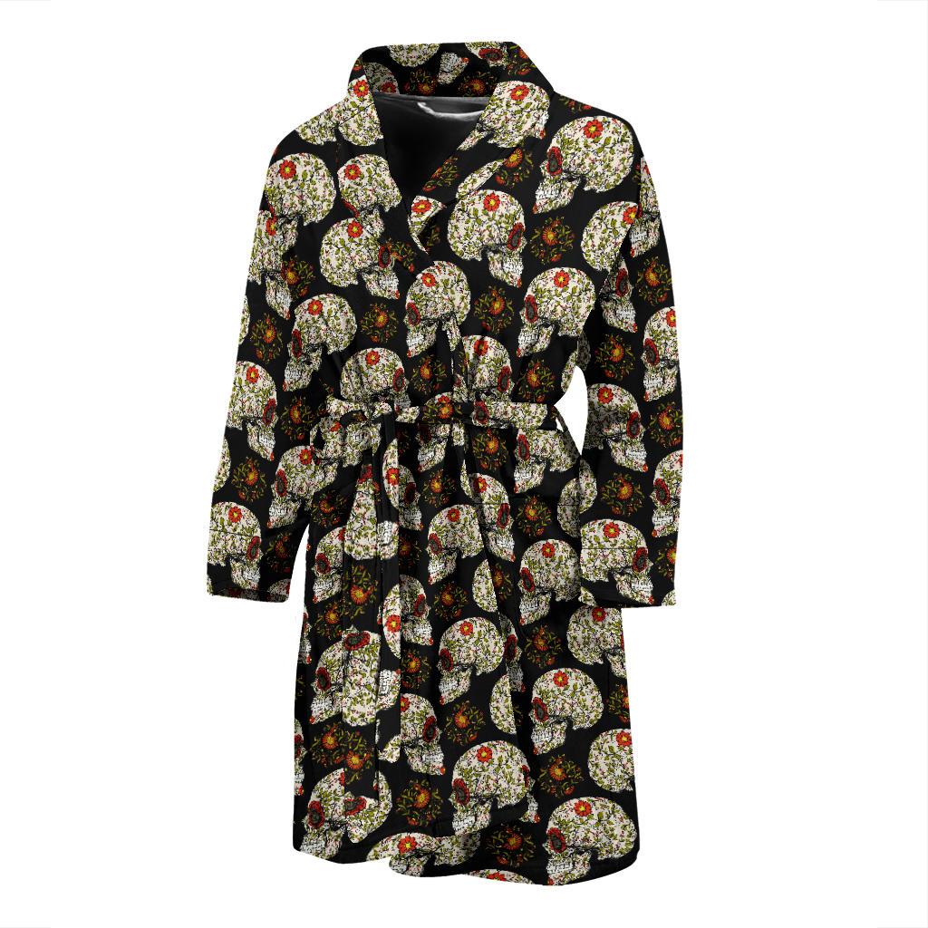 Sugar Skull Flower Design Themed Print Men Bath Robe-JTAMIGO.COM