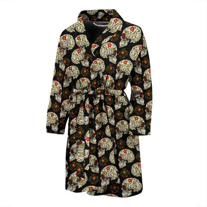 Sugar Skull Flower Design Themed Print Men Bath Robe-JTAMIGO.COM
