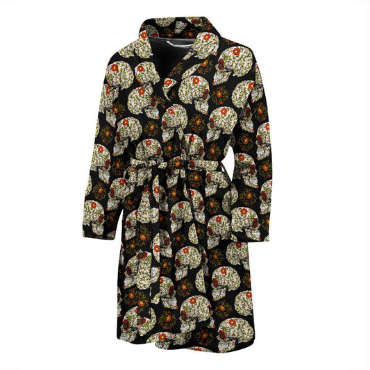 Sugar Skull Flower Design Themed Print Men Bath Robe-JTAMIGO.COM