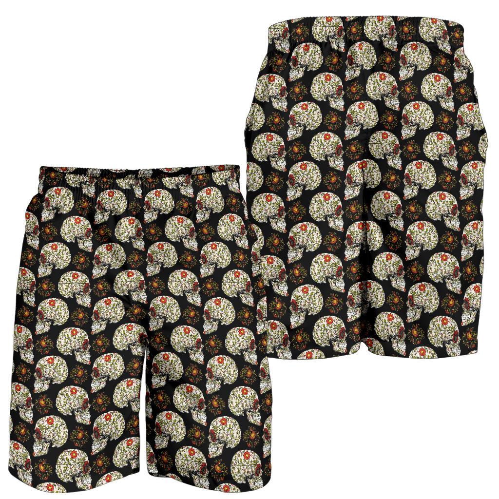 Sugar Skull Flower Design Themed Print Mens Shorts-JTAMIGO.COM