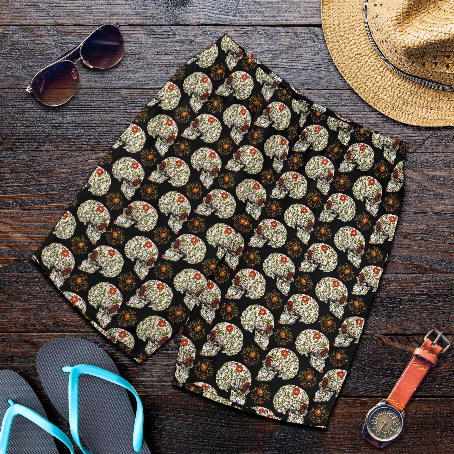 Sugar Skull Flower Design Themed Print Mens Shorts-JTAMIGO.COM