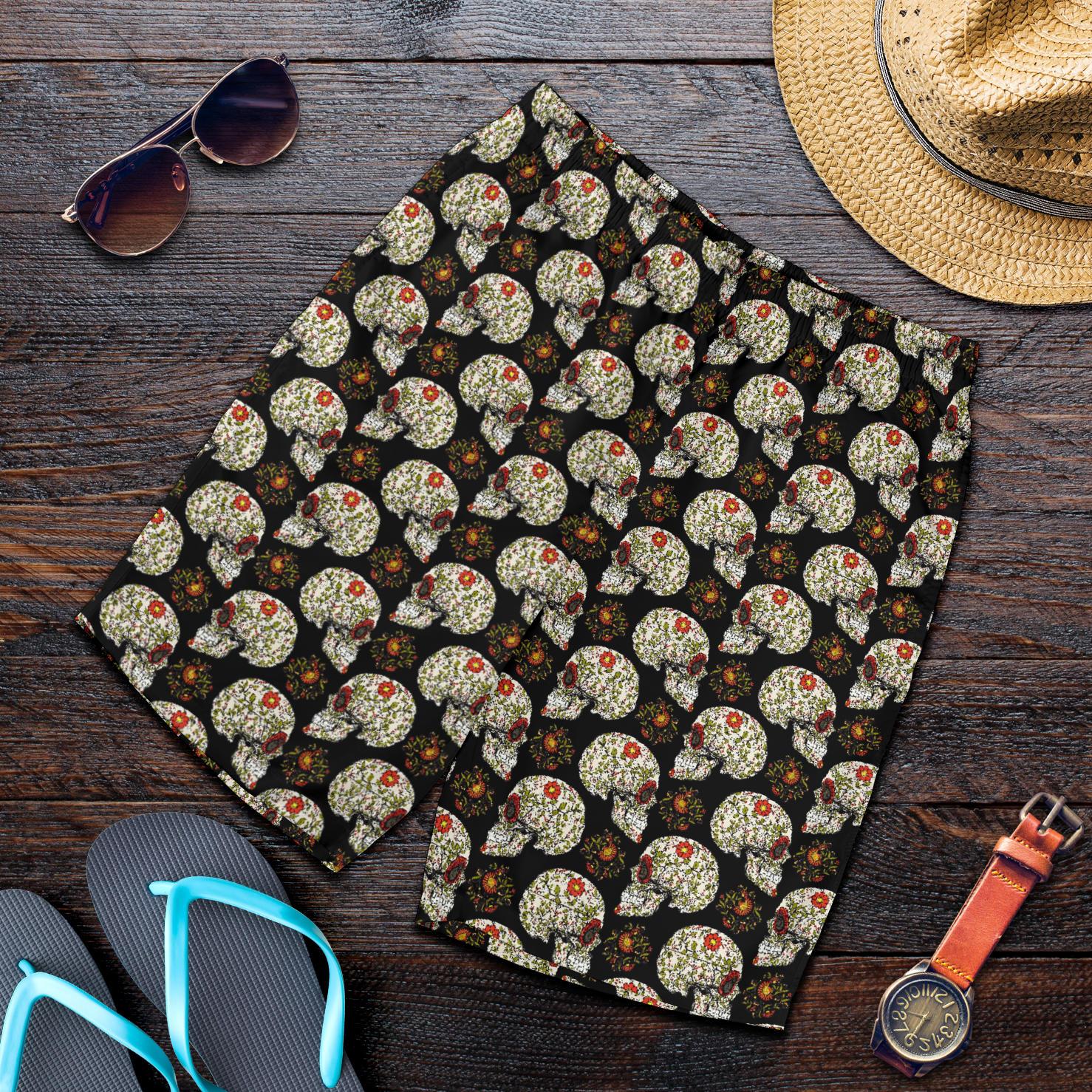 Sugar Skull Flower Design Themed Print Mens Shorts-JTAMIGO.COM