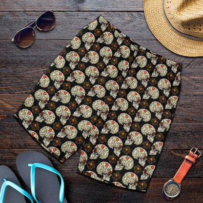 Sugar Skull Flower Design Themed Print Mens Shorts-JTAMIGO.COM