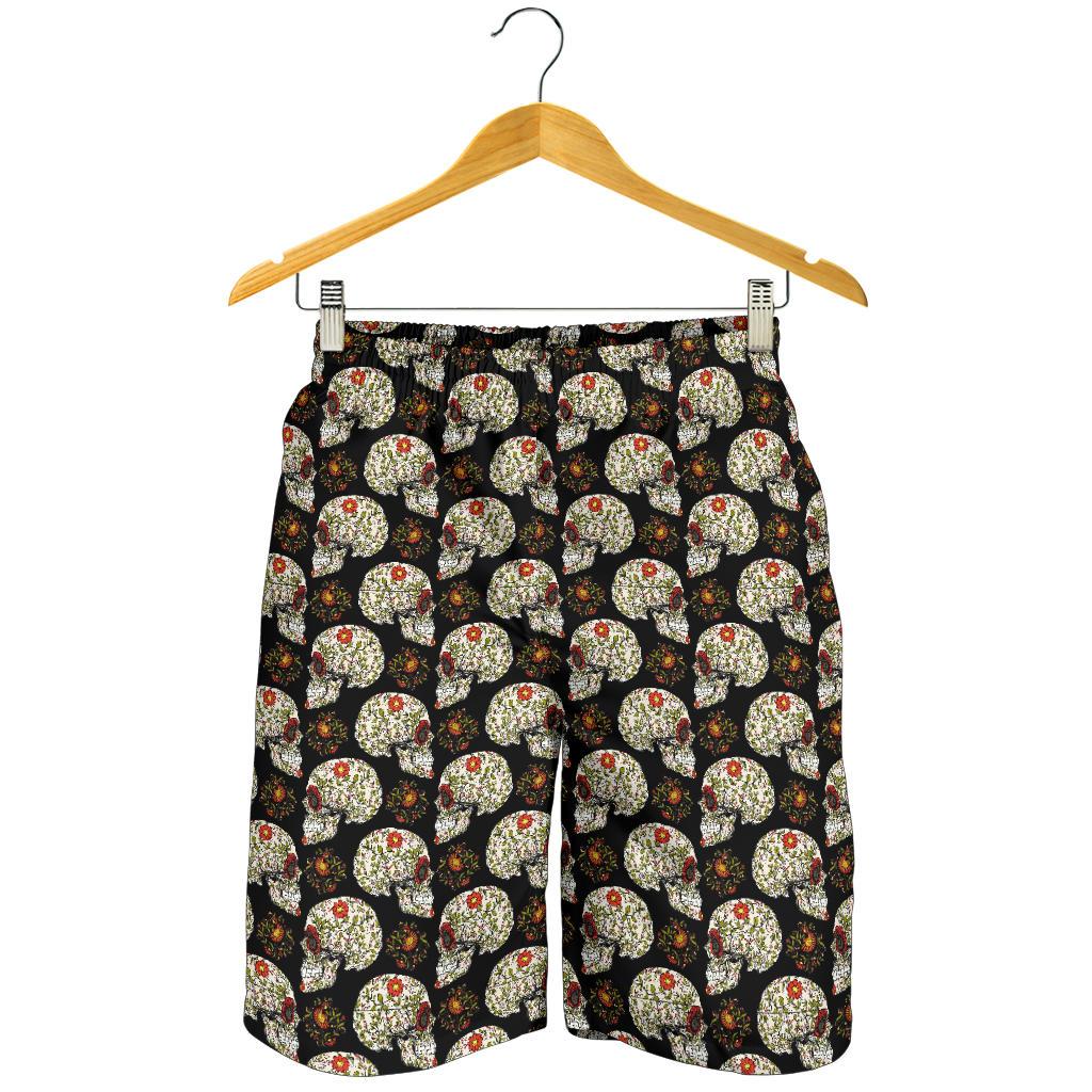 Sugar Skull Flower Design Themed Print Mens Shorts-JTAMIGO.COM