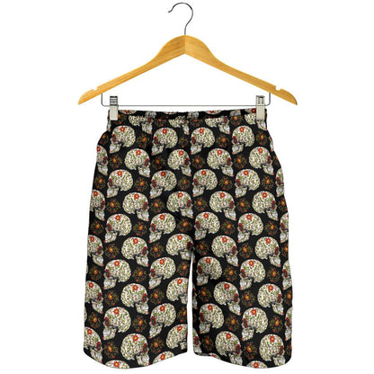 Sugar Skull Flower Design Themed Print Mens Shorts-JTAMIGO.COM