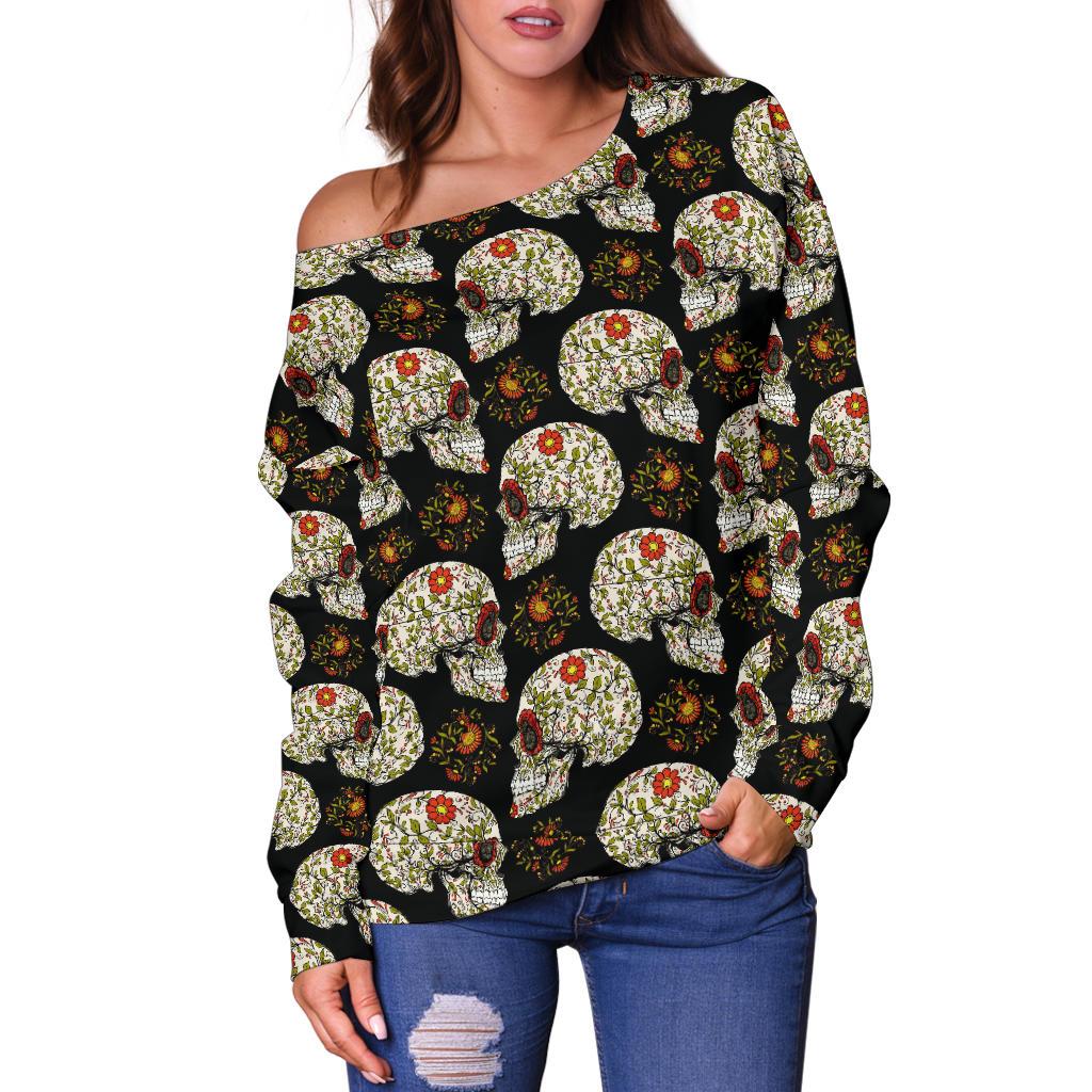 Sugar Skull Flower Design Themed Print Off Shoulder Sweatshirt