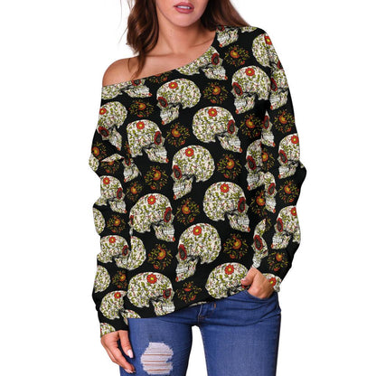 Sugar Skull Flower Design Themed Print Off Shoulder Sweatshirt