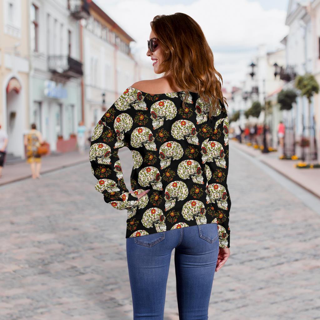 Sugar Skull Flower Design Themed Print Off Shoulder Sweatshirt