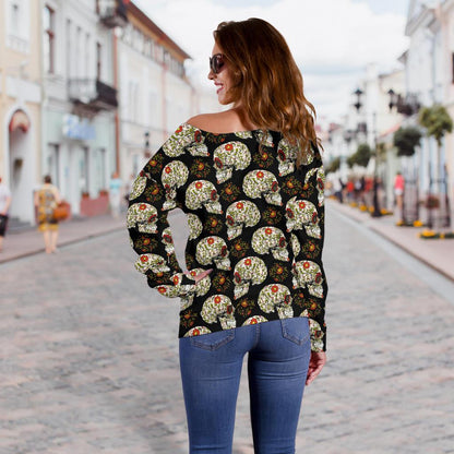 Sugar Skull Flower Design Themed Print Off Shoulder Sweatshirt