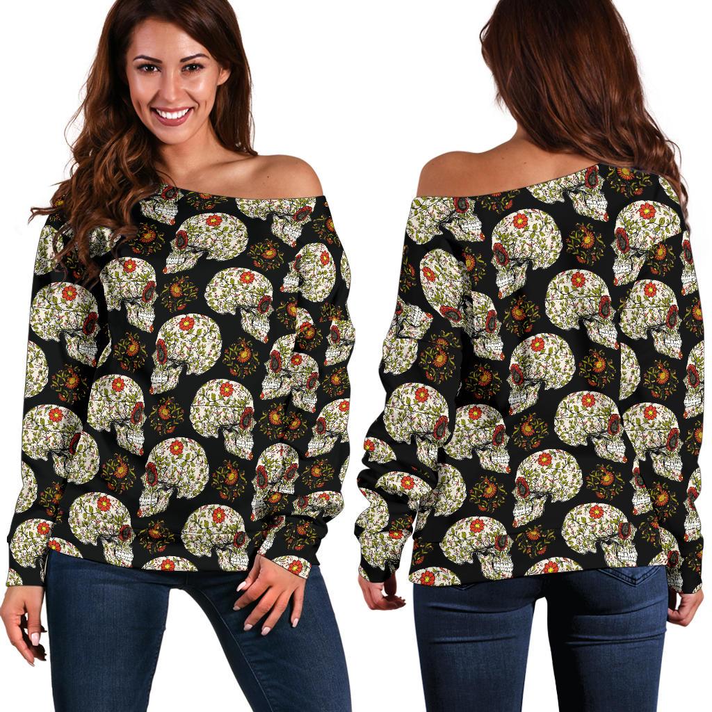 Sugar Skull Flower Design Themed Print Off Shoulder Sweatshirt