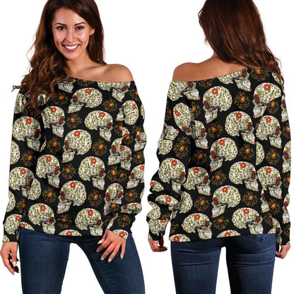 Sugar Skull Flower Design Themed Print Off Shoulder Sweatshirt