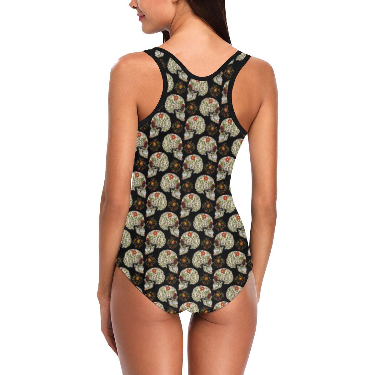 Sugar Skull Flower Design Themed Print One Piece Swimsuit-JTAMIGO.COM