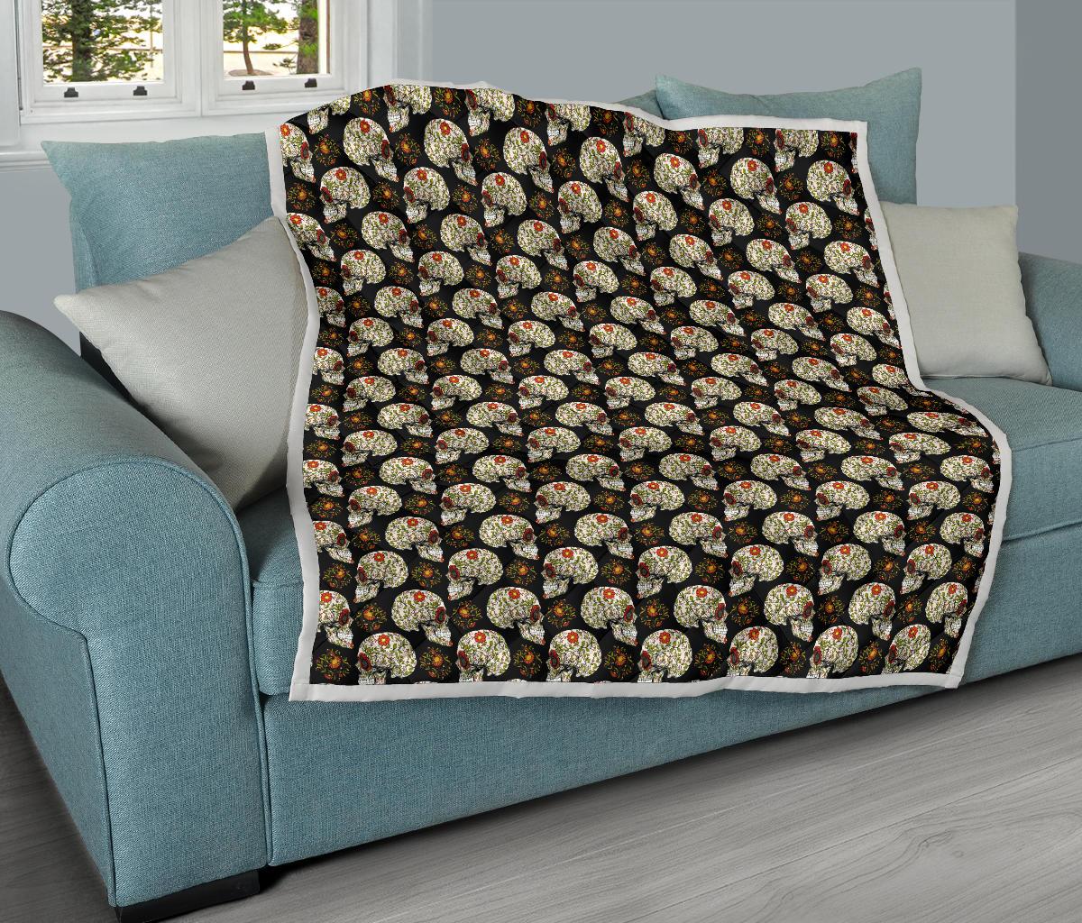 Sugar Skull Flower Design Themed Print Premium Quilt-JTAMIGO.COM