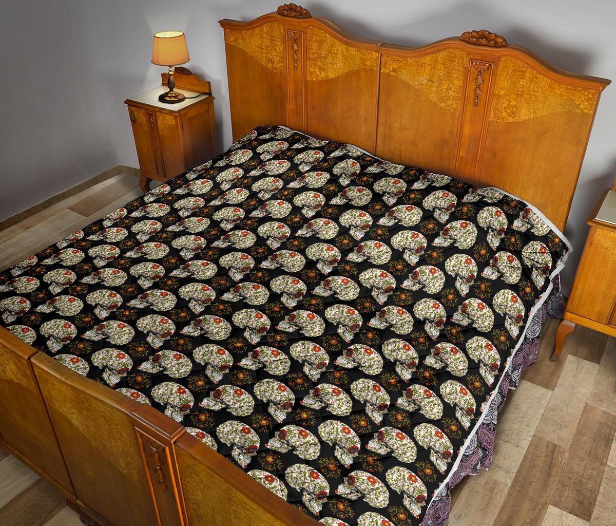 Sugar Skull Flower Design Themed Print Premium Quilt-JTAMIGO.COM