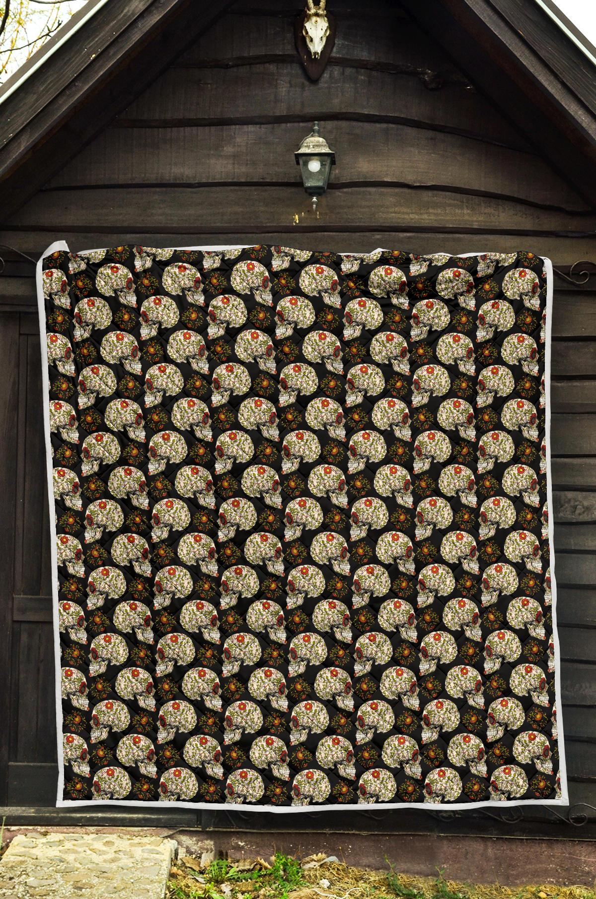 Sugar Skull Flower Design Themed Print Premium Quilt-JTAMIGO.COM