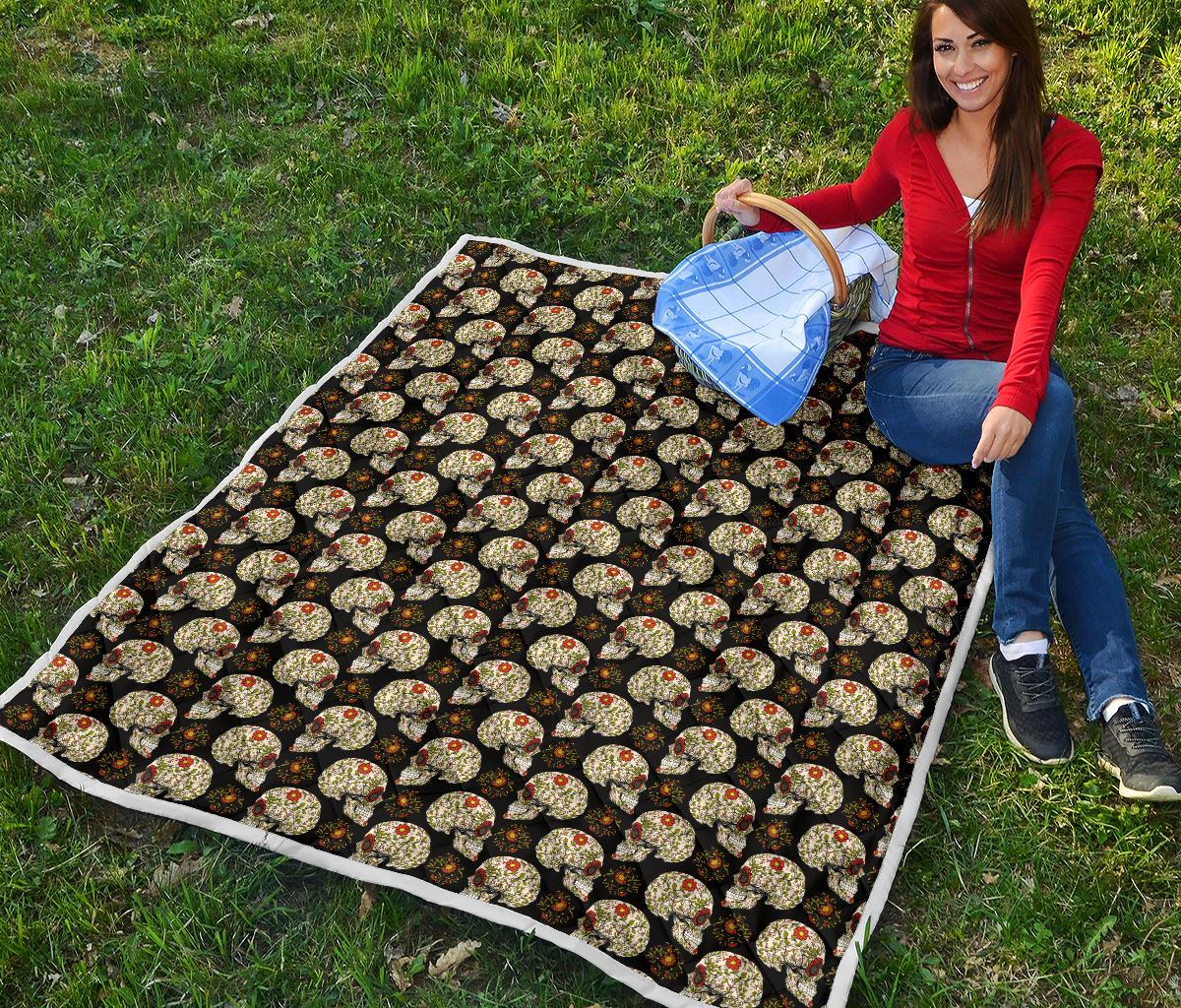 Sugar Skull Flower Design Themed Print Premium Quilt-JTAMIGO.COM