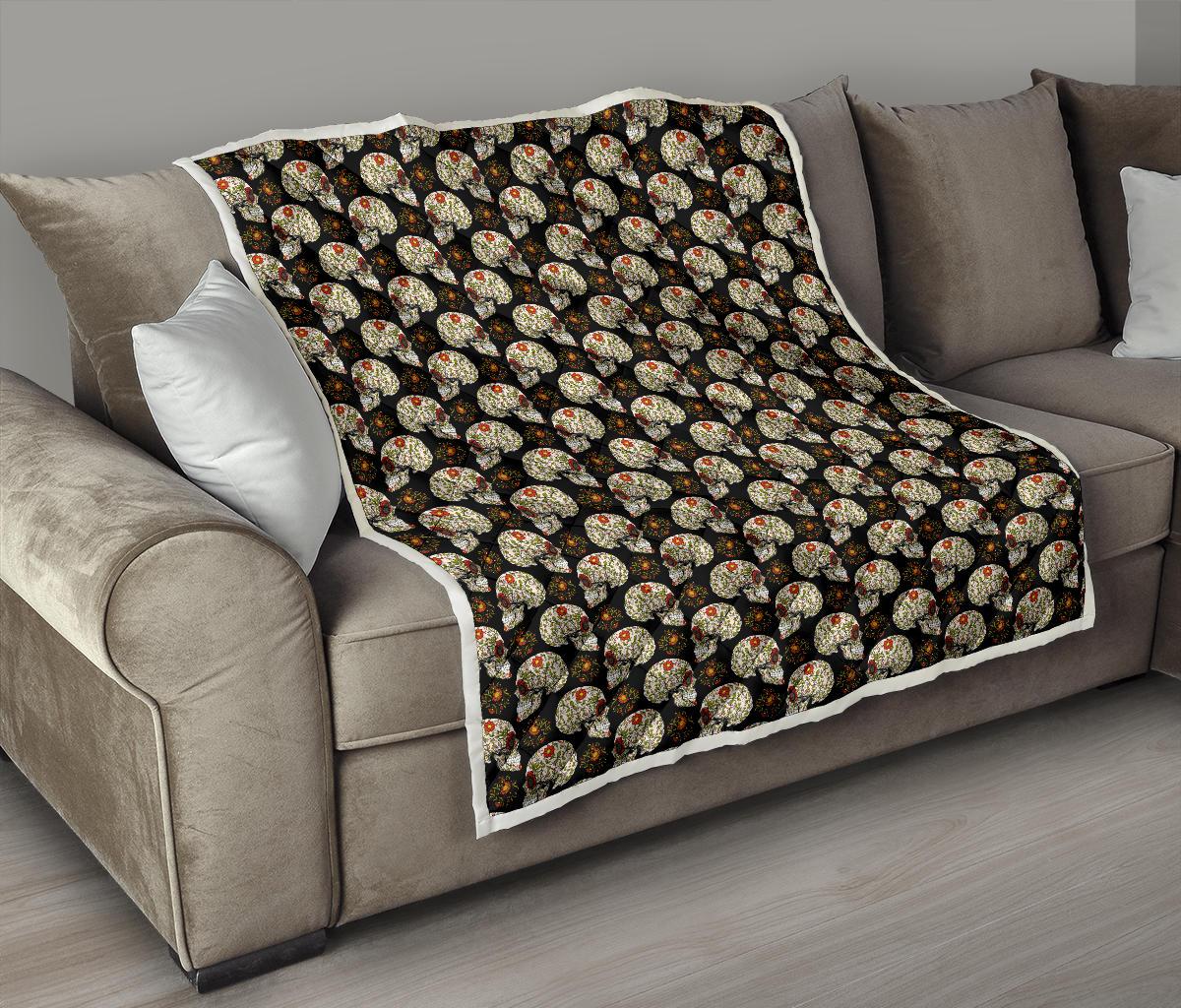 Sugar Skull Flower Design Themed Print Premium Quilt-JTAMIGO.COM