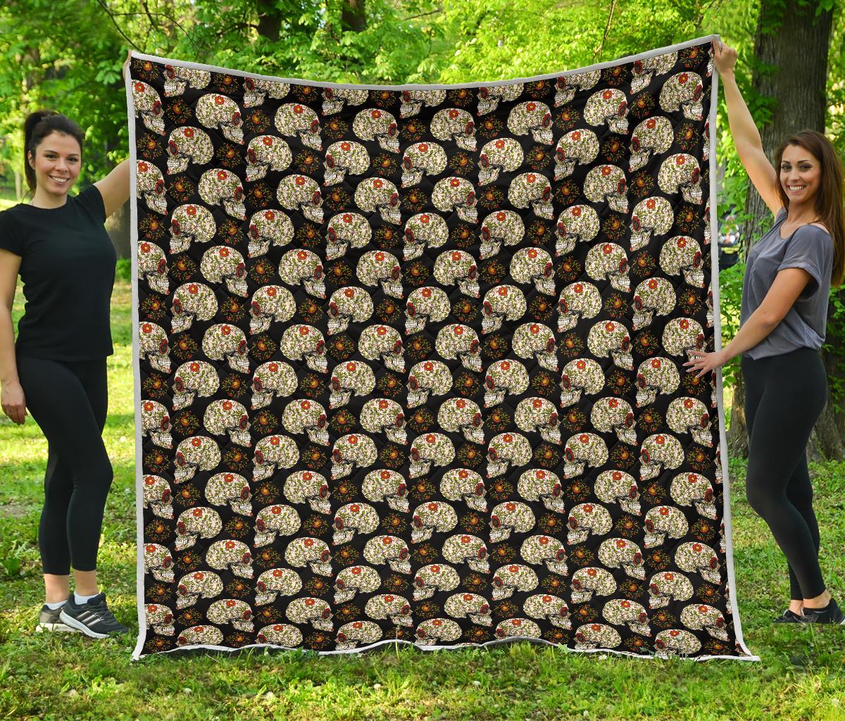 Sugar Skull Flower Design Themed Print Premium Quilt-JTAMIGO.COM