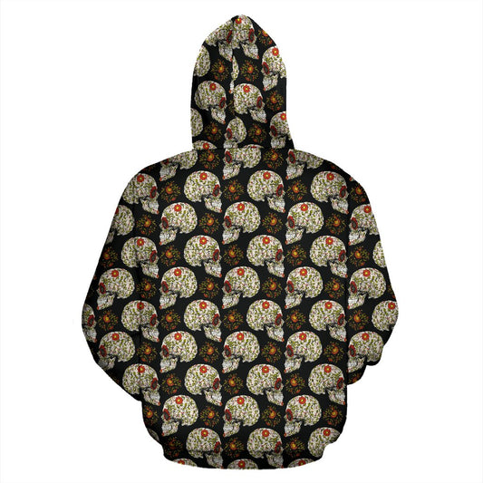 Sugar Skull Flower Design Themed Print Pullover Hoodie