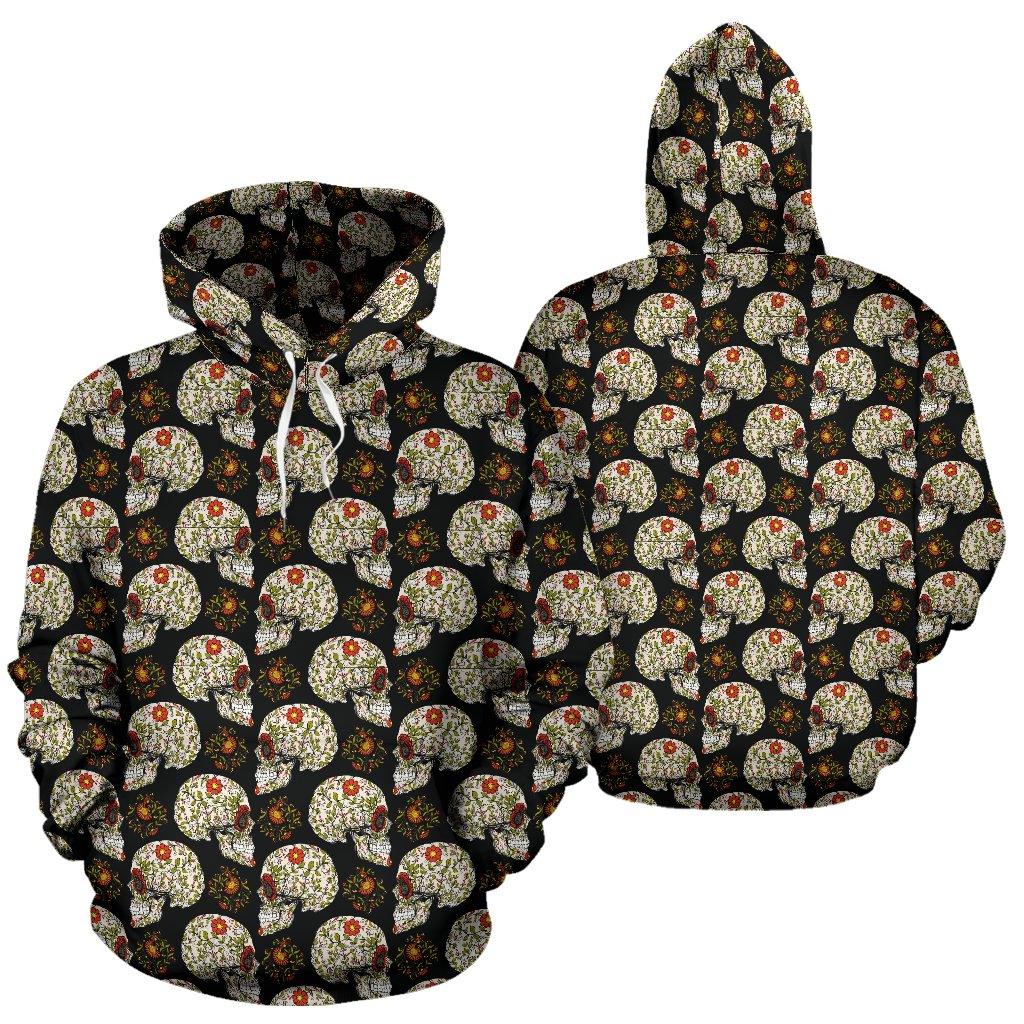 Sugar Skull Flower Design Themed Print Pullover Hoodie