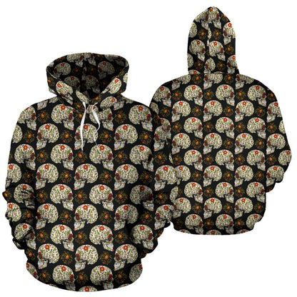 Sugar Skull Flower Design Themed Print Pullover Hoodie