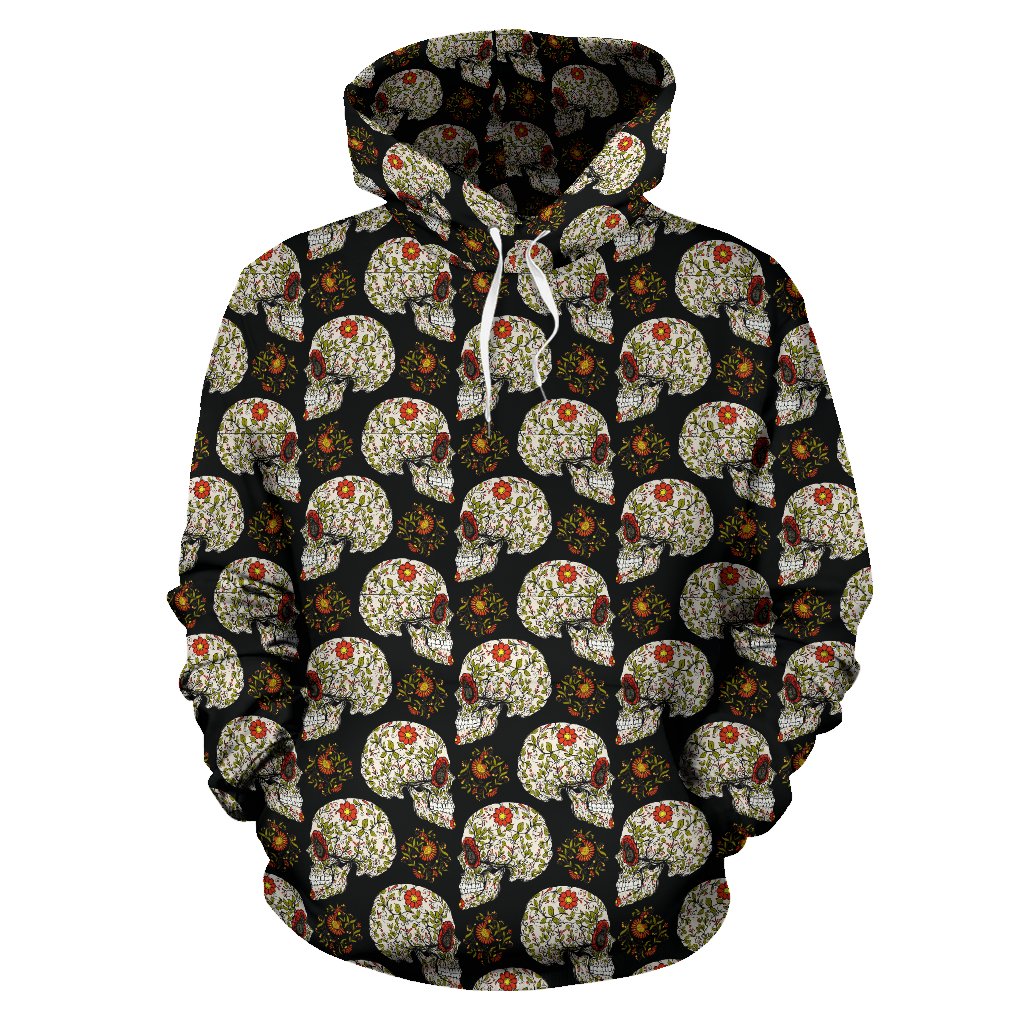Sugar Skull Flower Design Themed Print Pullover Hoodie