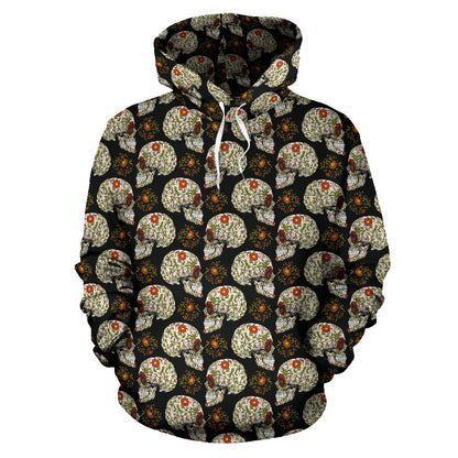 Sugar Skull Flower Design Themed Print Pullover Hoodie