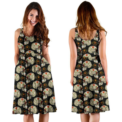 Sugar Skull Flower Design Themed Print Sleeveless Dress