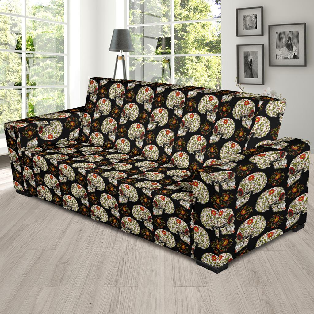 Sugar Skull Flower Design Themed Print Sofa Slipcover-JTAMIGO.COM