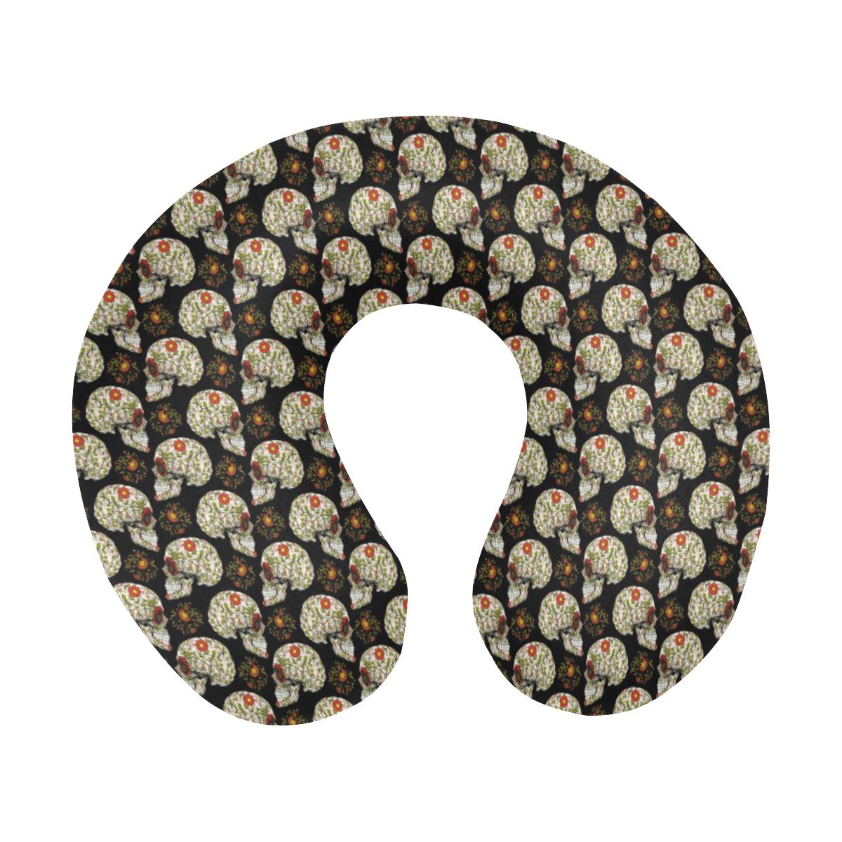 Sugar Skull Flower Design Themed Print U-Shaped Travel Neck Pillow-JTAMIGO.COM