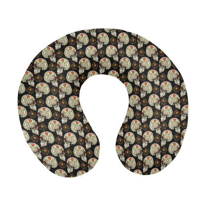 Sugar Skull Flower Design Themed Print U-Shaped Travel Neck Pillow-JTAMIGO.COM