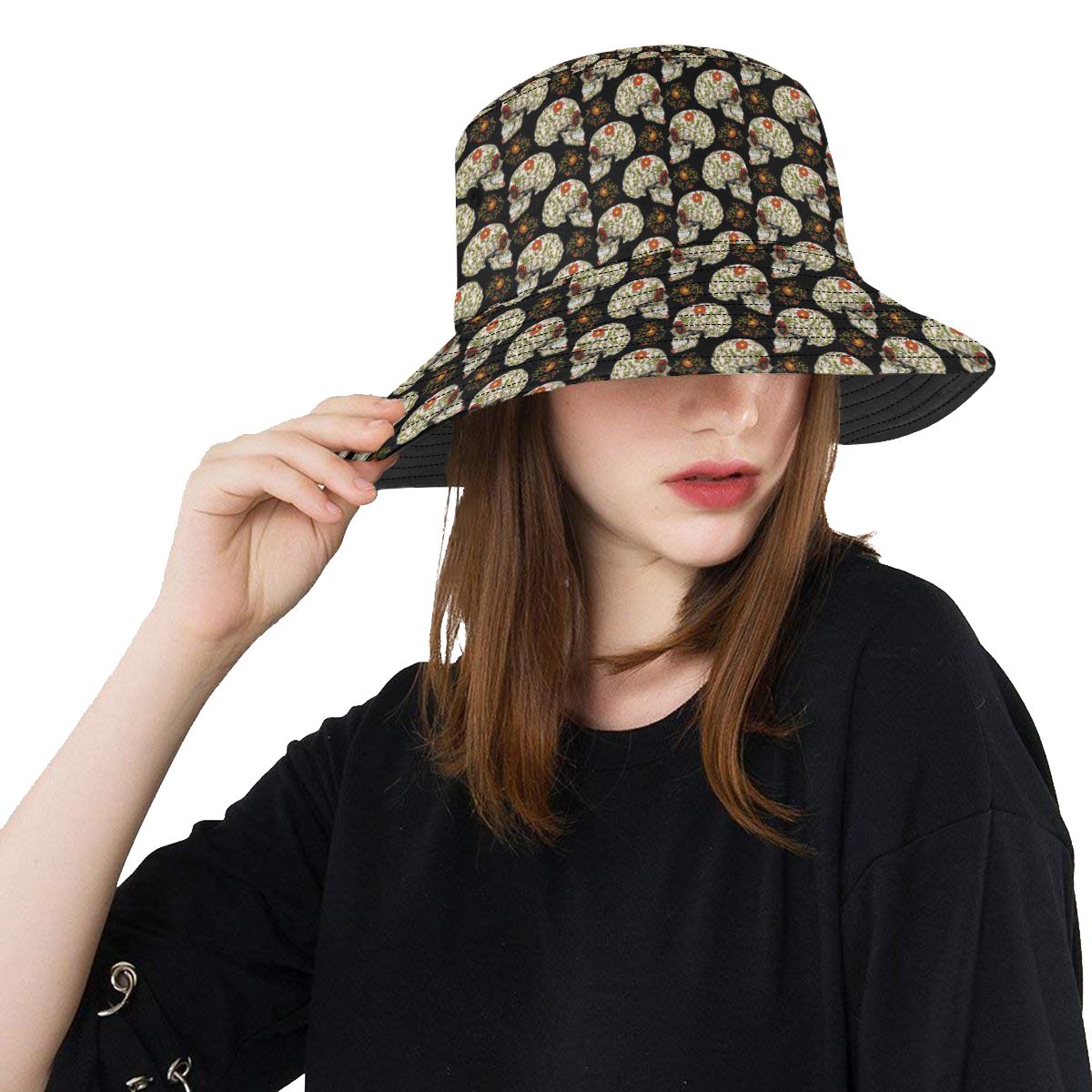 Sugar Skull Flower Design Themed Print Unisex Bucket Hat