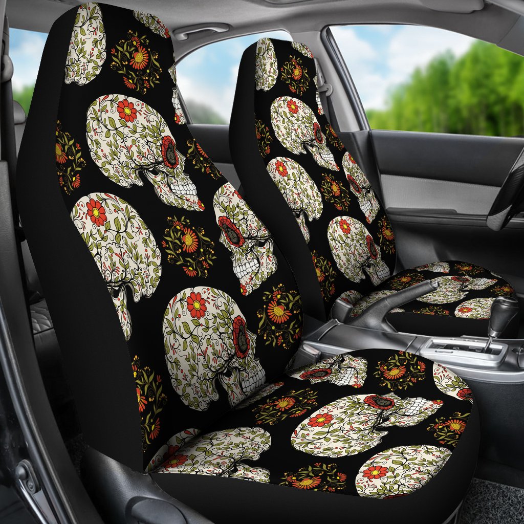 Sugar Skull Flower Design Themed Print Universal Fit Car Seat Covers