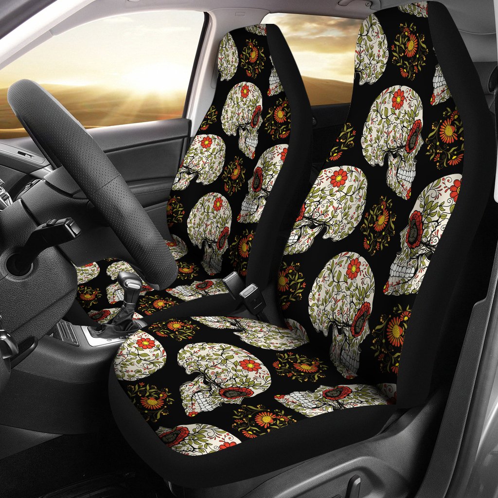 Sugar Skull Flower Design Themed Print Universal Fit Car Seat Covers
