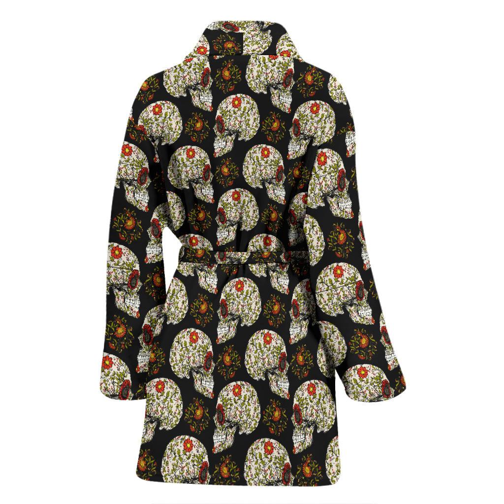 Sugar Skull Flower Design Themed Print Women Bath Robe-JTAMIGO.COM