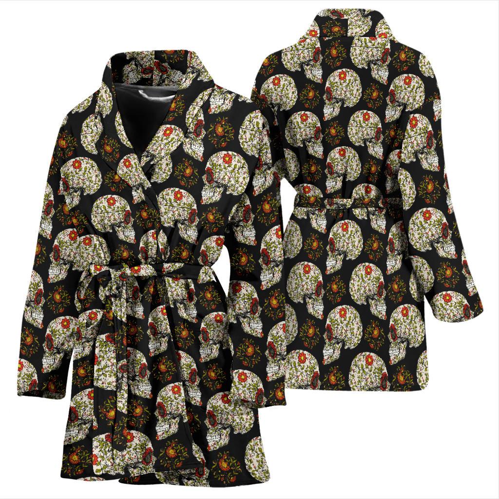 Sugar Skull Flower Design Themed Print Women Bath Robe-JTAMIGO.COM