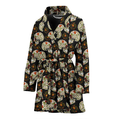 Sugar Skull Flower Design Themed Print Women Bath Robe-JTAMIGO.COM